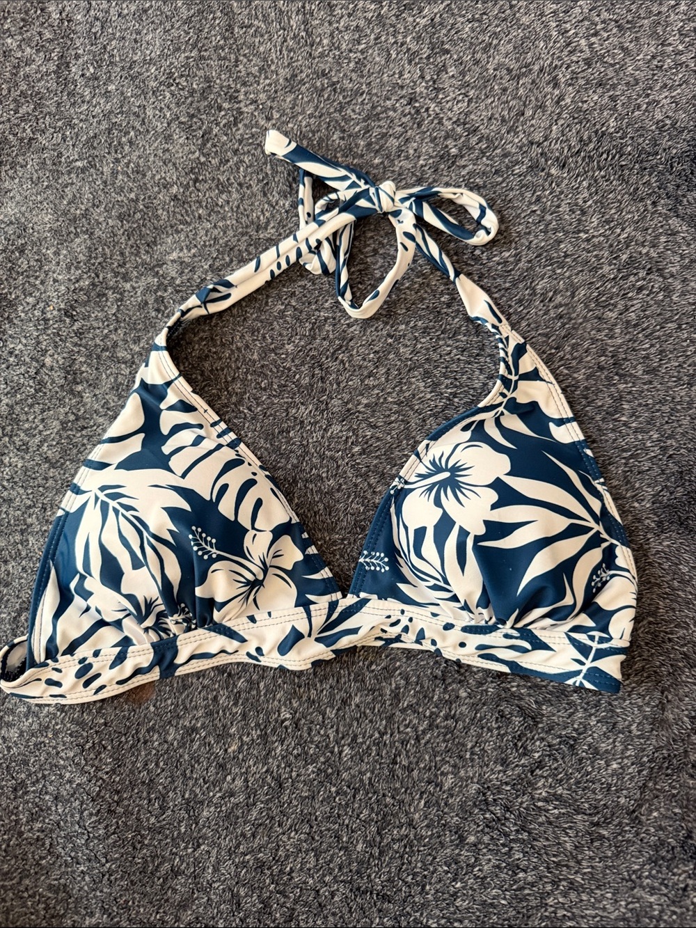 Navy Blue and White Hibiscus Halter Bikini Top